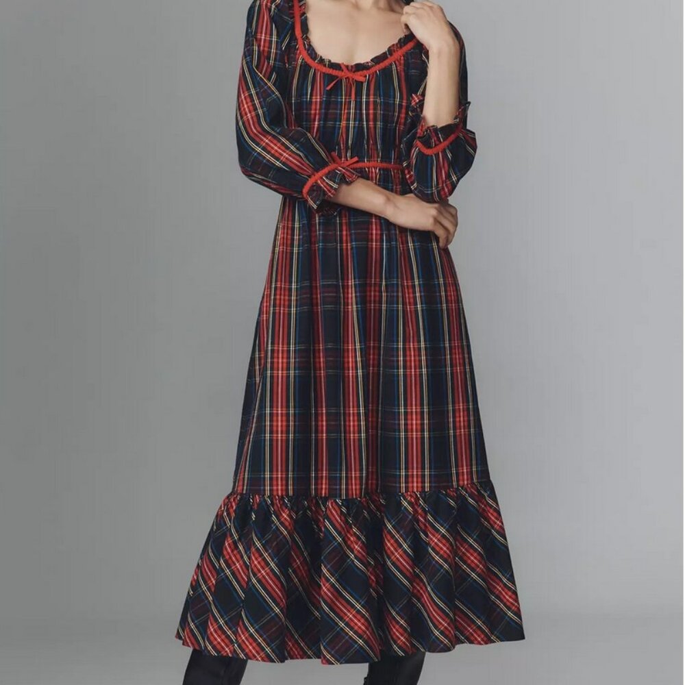 Pink City Prints Midnight Tartan Agatha Dress Scoop-Neck Ruffle-Hem Midi XL